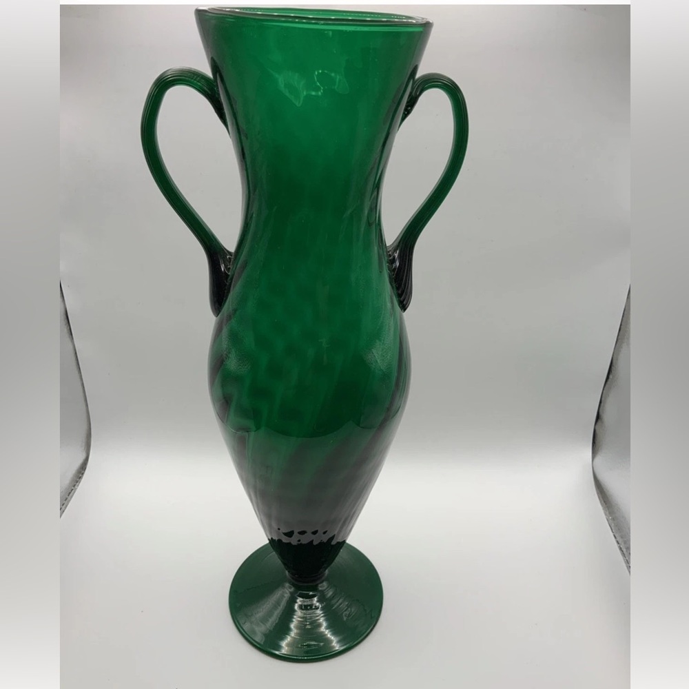 Empoli Emerald Green Verde Op-Art Glass Vase W/ 2 Handles 1960’s